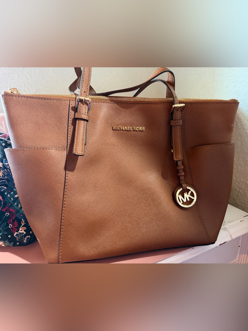 Michael Kors Cognac Leather Tote with Gold MK Charm